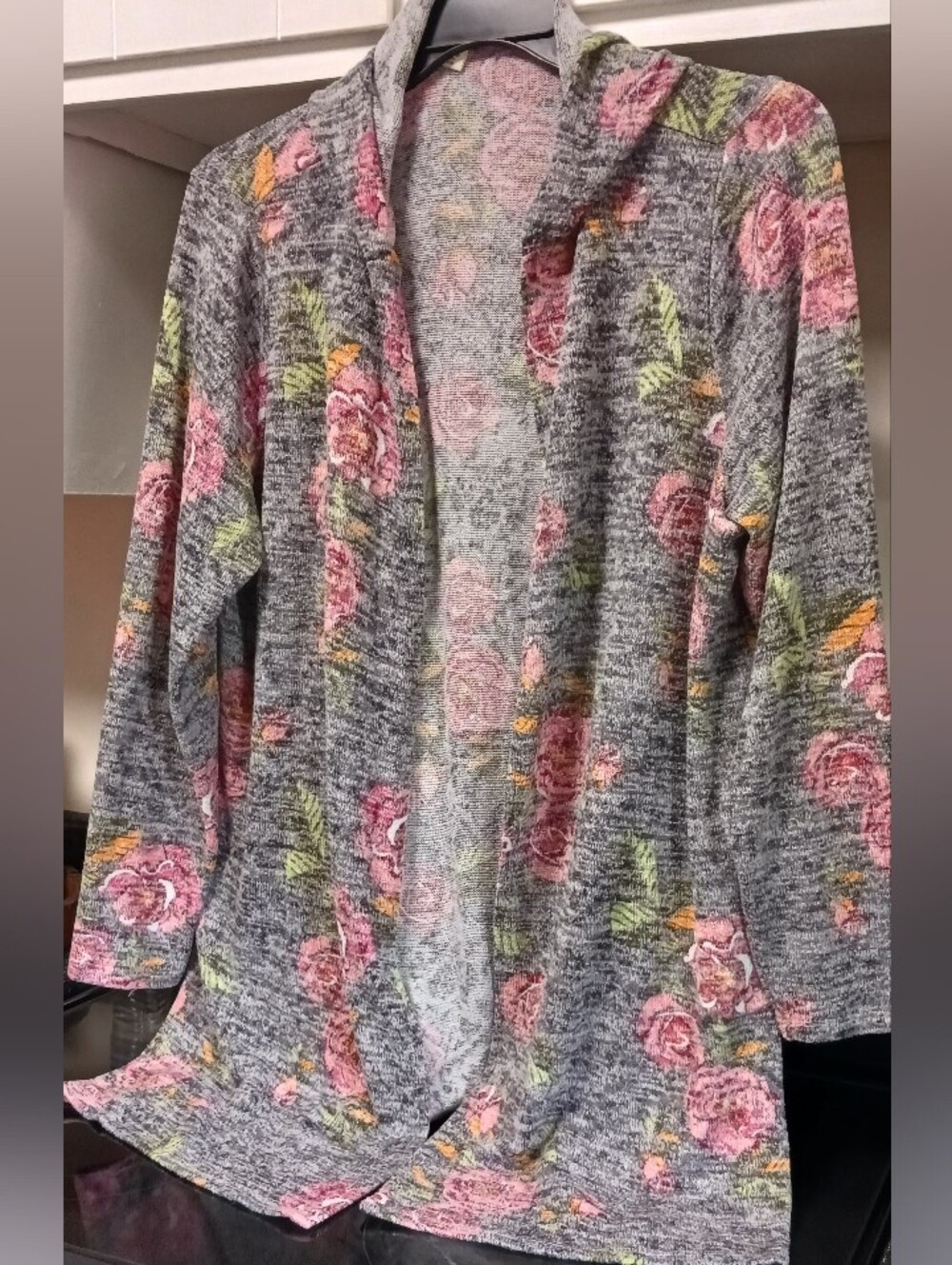 Faded Glory Grey/Pink Flowered Knit Cardigan w/Hood, Size 2X